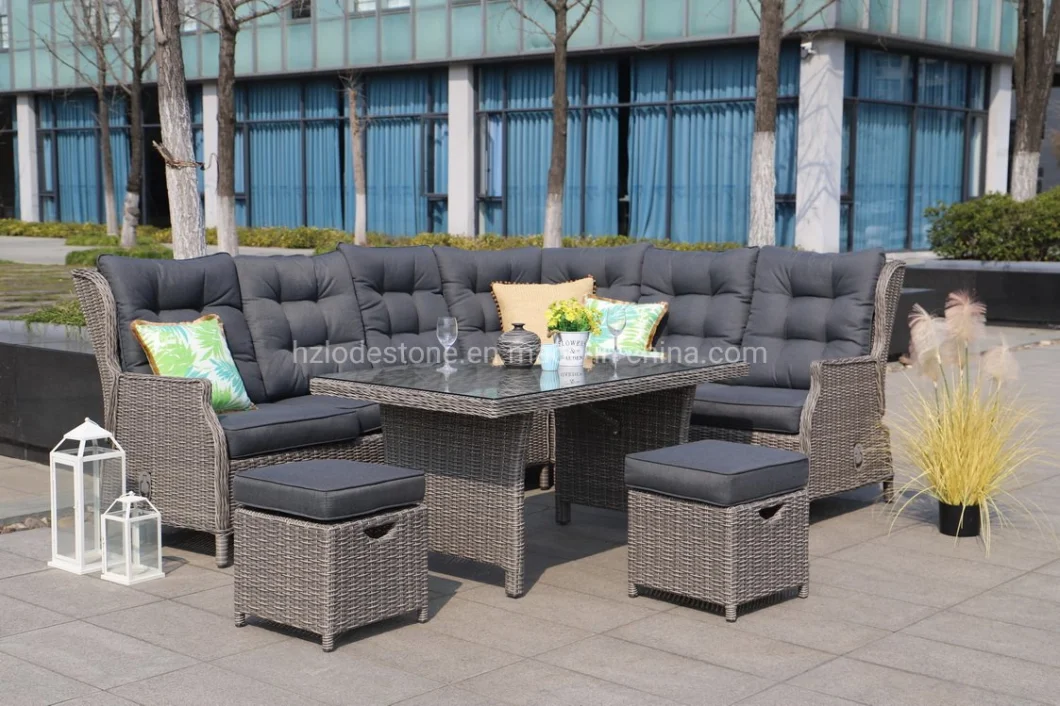 Hot Sale Modern Luxury Recliner Sofa Outdoor Lounge Rattan Garden Furniture Aluminum Rattan Corner Sofa Set with High Table Two Stool and Pump Function