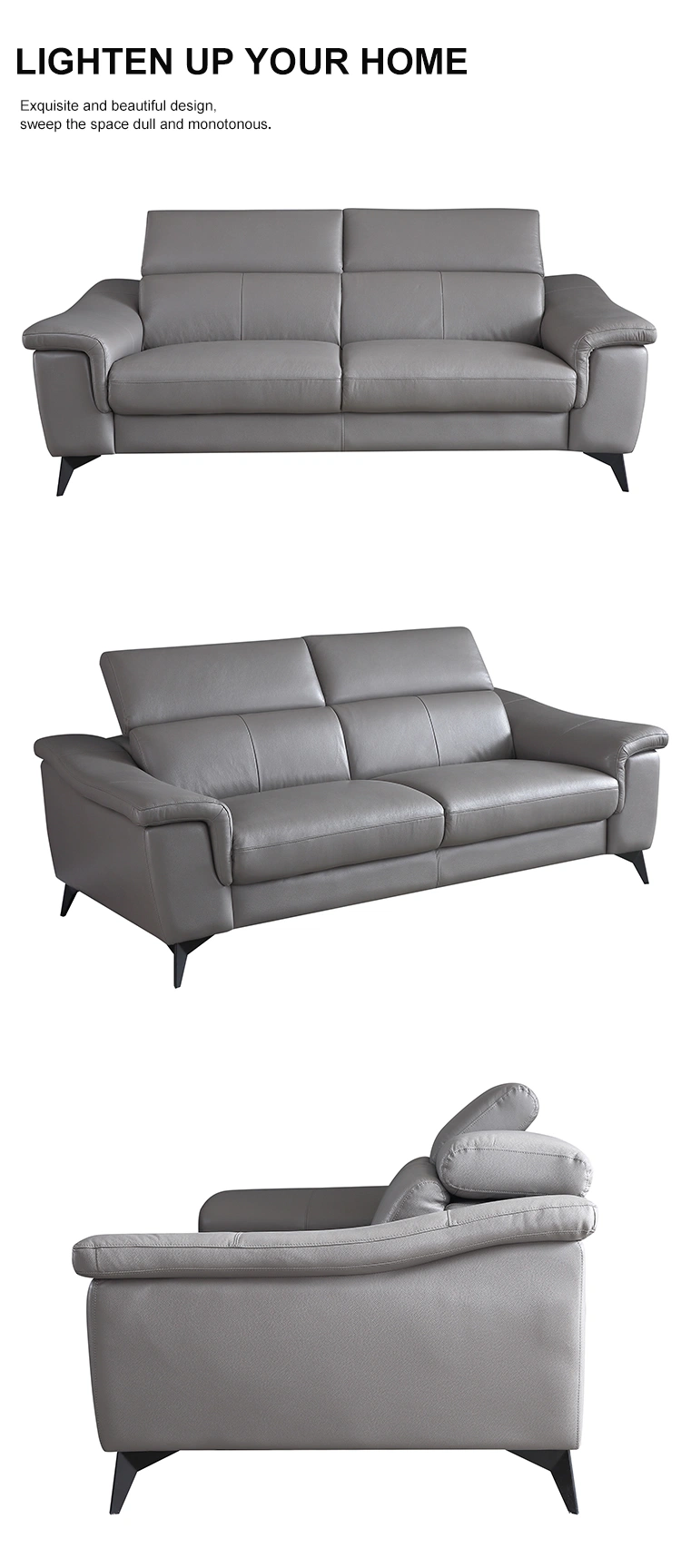 Modern Sectional Home Furniture PU Leather Long Couch Grey Geniune Recliner Sofa