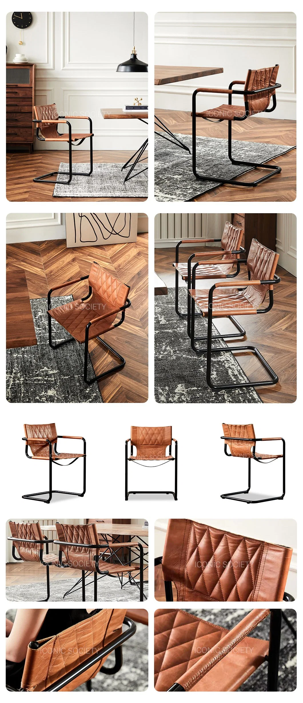 Modern Office Living Room Loft Royal Home Furniture Metal Steel Pipe Armchair Real Genuine Leather Dining Chair