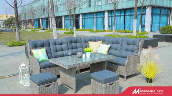 Hot Sale Modern Luxury Recliner Sofa Outdoor Lounge Rattan Garden Furniture Aluminum Rattan Corner Sofa Set with High Table Two Stool and Pump Function